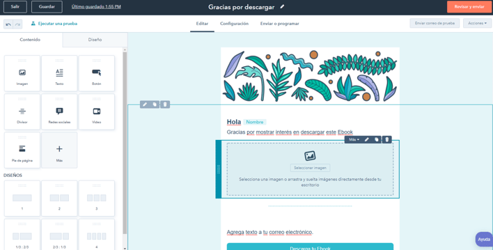 drag and drop plantilla de correo hubspot